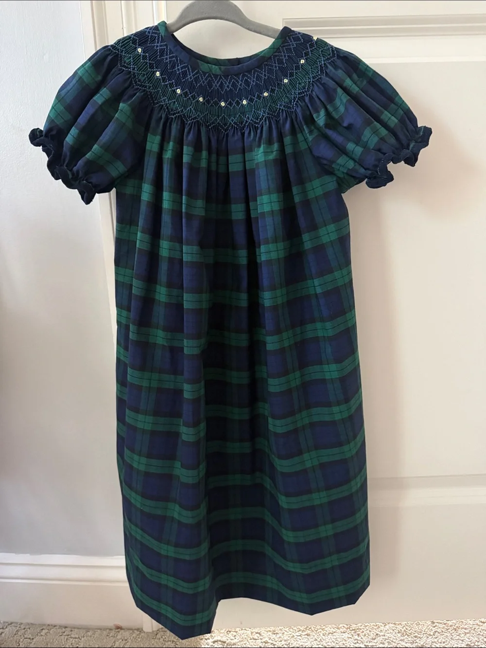 Classic Whimsy Girls Navy & Green Plaid Smocked Dress -